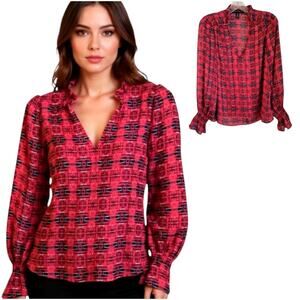 Aqua + Pendleton Top Women's Size S Long Sleeve Red Metallic Thread Ruffled Cuff